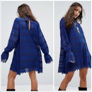 FREE PEOPLE blue chevron lace dress mini boho